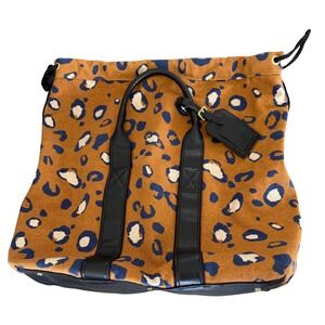 3.1 Phillip Lim Leopard Canvas Drawstring Tote Bag Blue Tan Leather Trim Large
